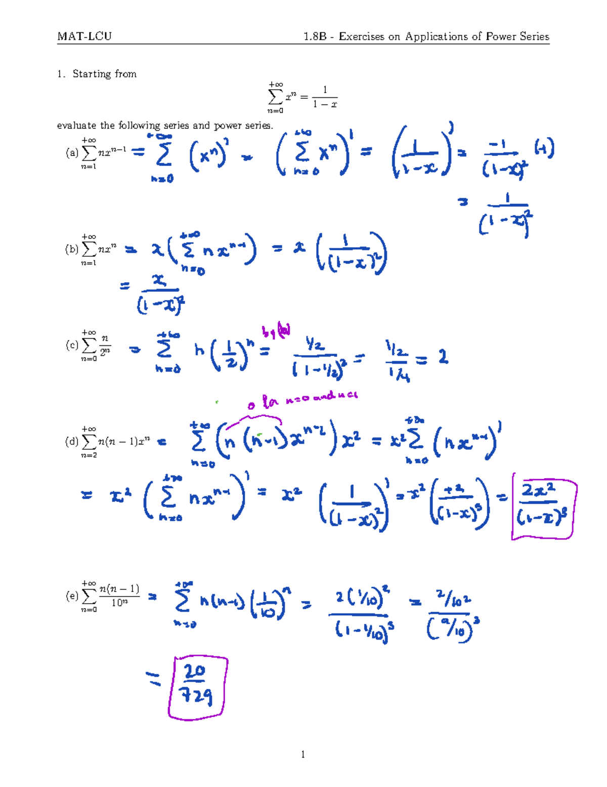 1 - Math 222 calculus 3 practice - 1. Starting from +X 1 n= xn = 1 1 − ...
