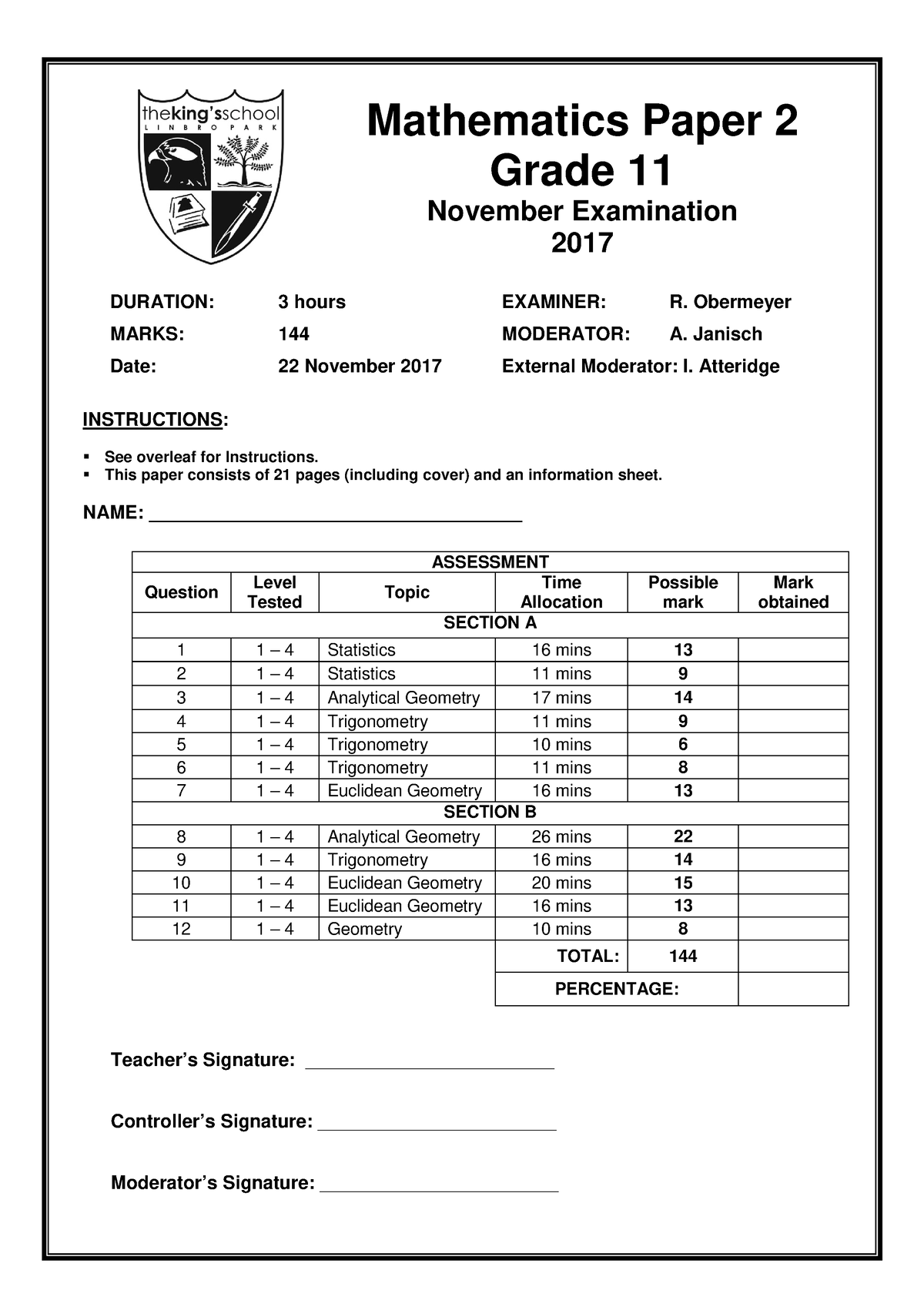 Grade 11 Nov Exams Paper 2 2017 Mathematics Paper 2 Grade 11 November 