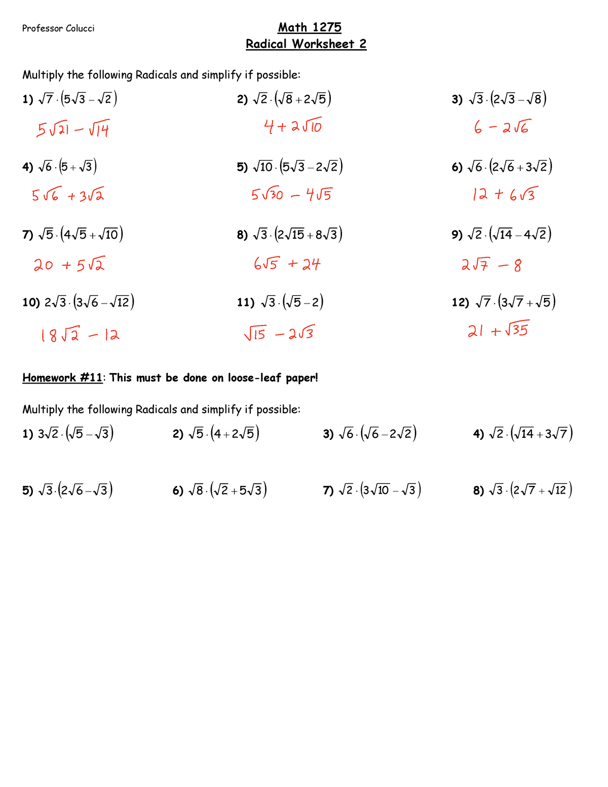 11 Radical WS2 - Professor Colucci Math 1275 Radical Worksheet 2 ...