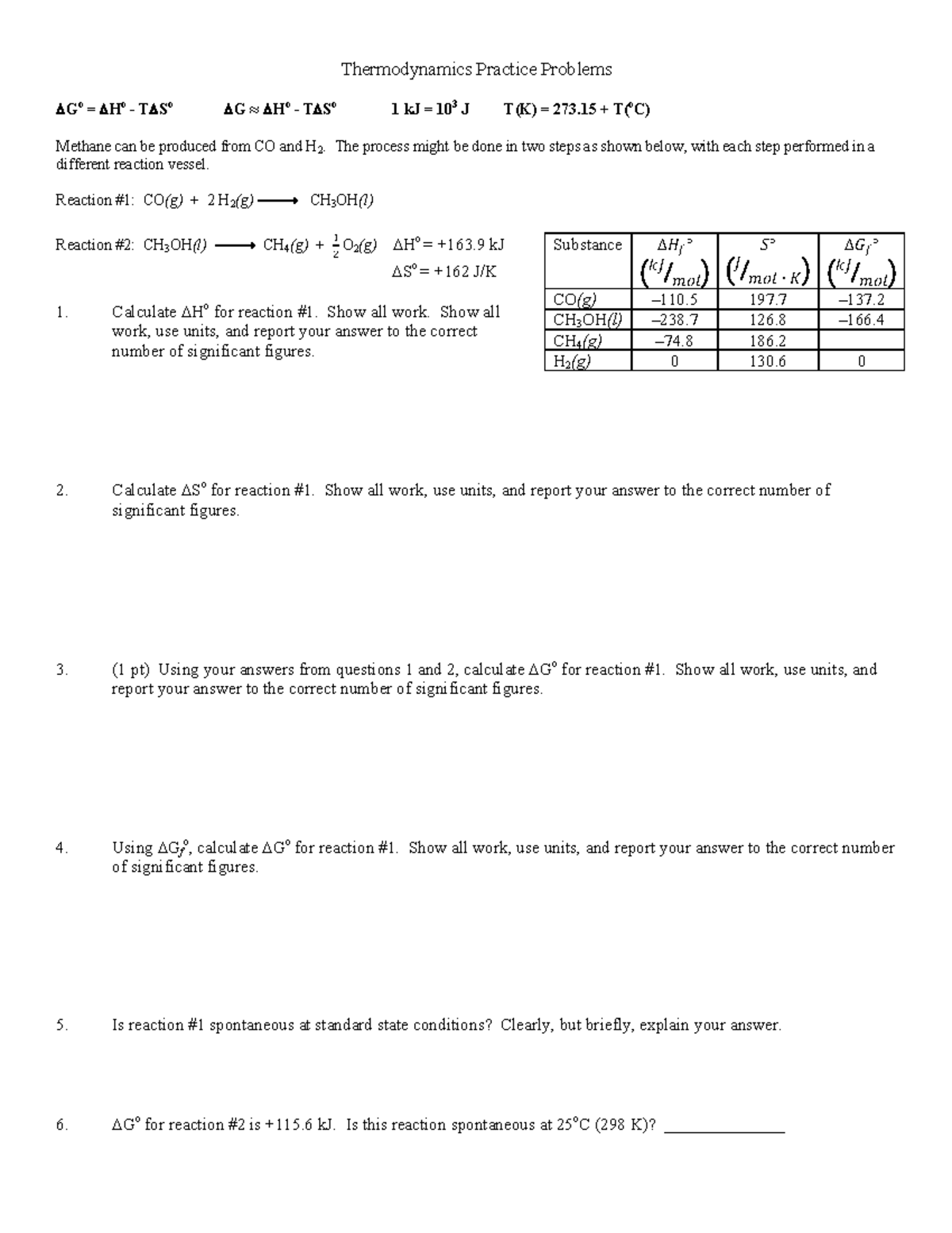 Thermodynamics-worksheet - Thermodynamics Practice Problems D Go = D Ho ...