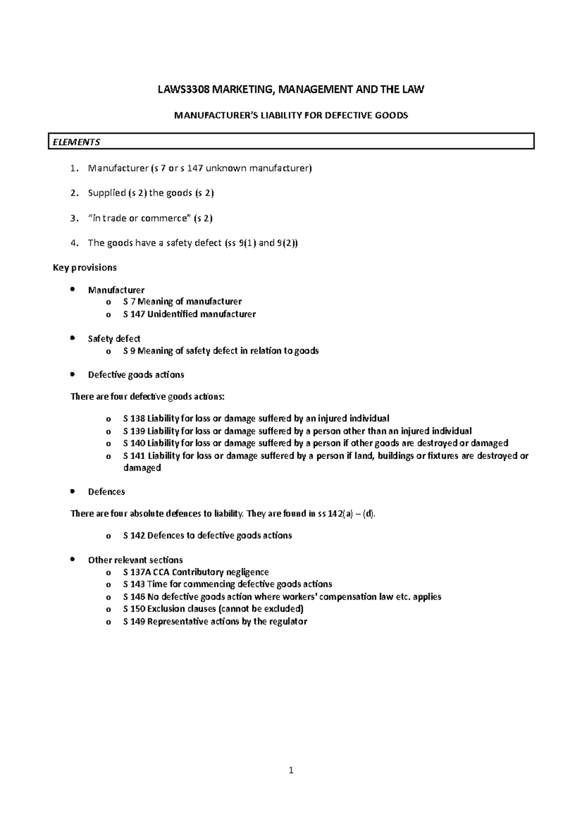 Product Liability Guide (Part 3-5) - LAWS3308 MARKETING, MANAGEMENT AND ...