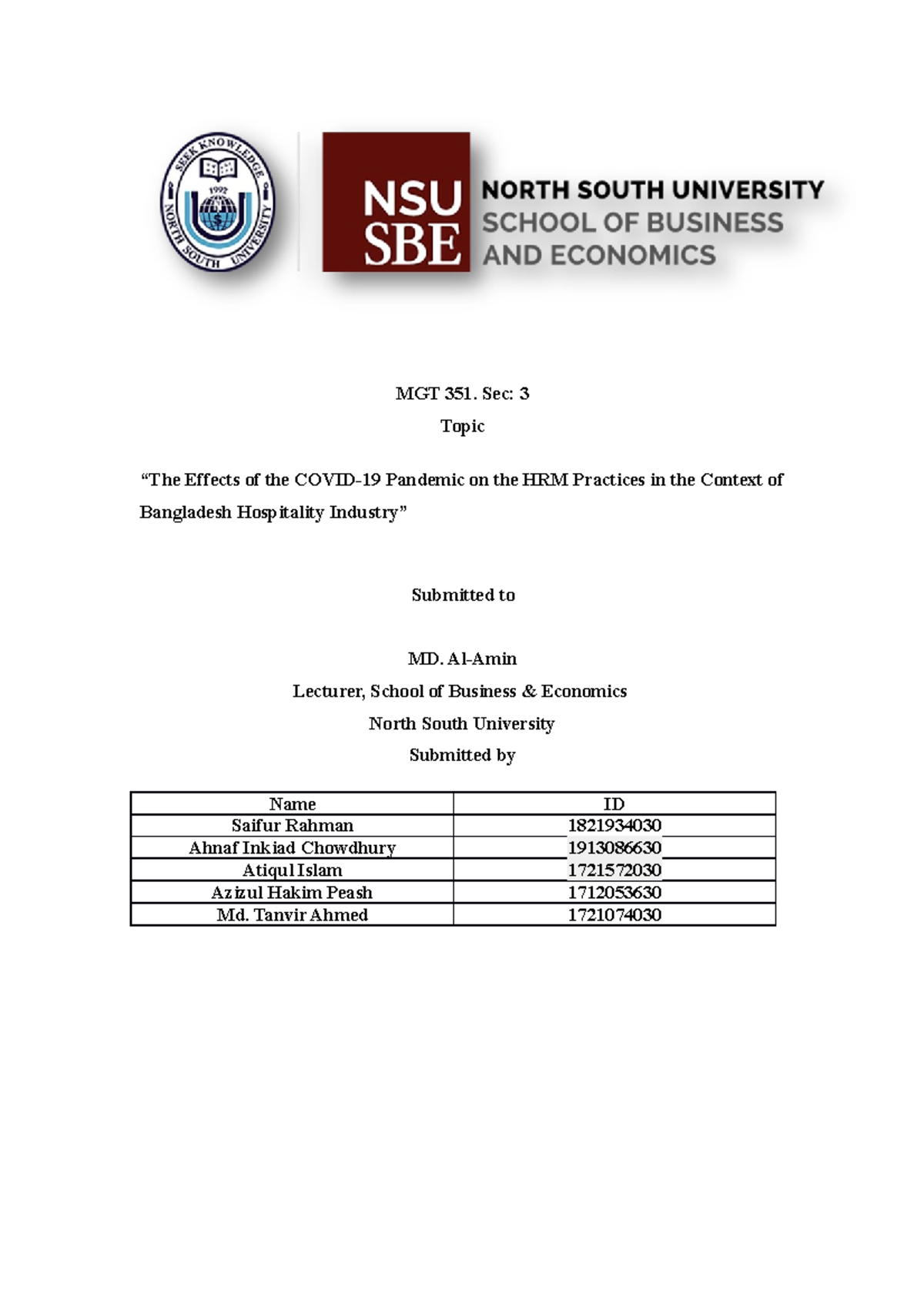 MGT 351 Report Final - MGT 351. Sec: 3 Topic Effects Of The Pandemic On ...