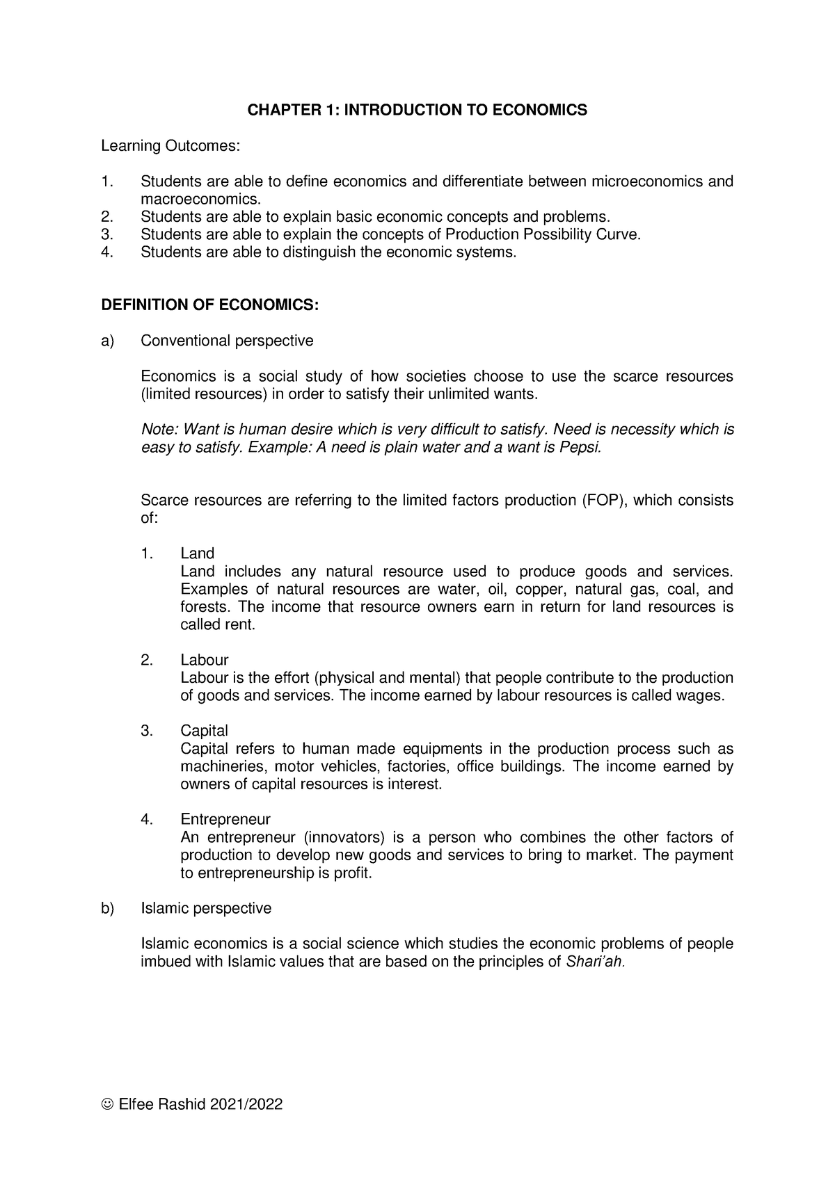 Note Chapter 1 - GOOD - CHAPTER 1: INTRODUCTION TO ECONOMICS Learning ...