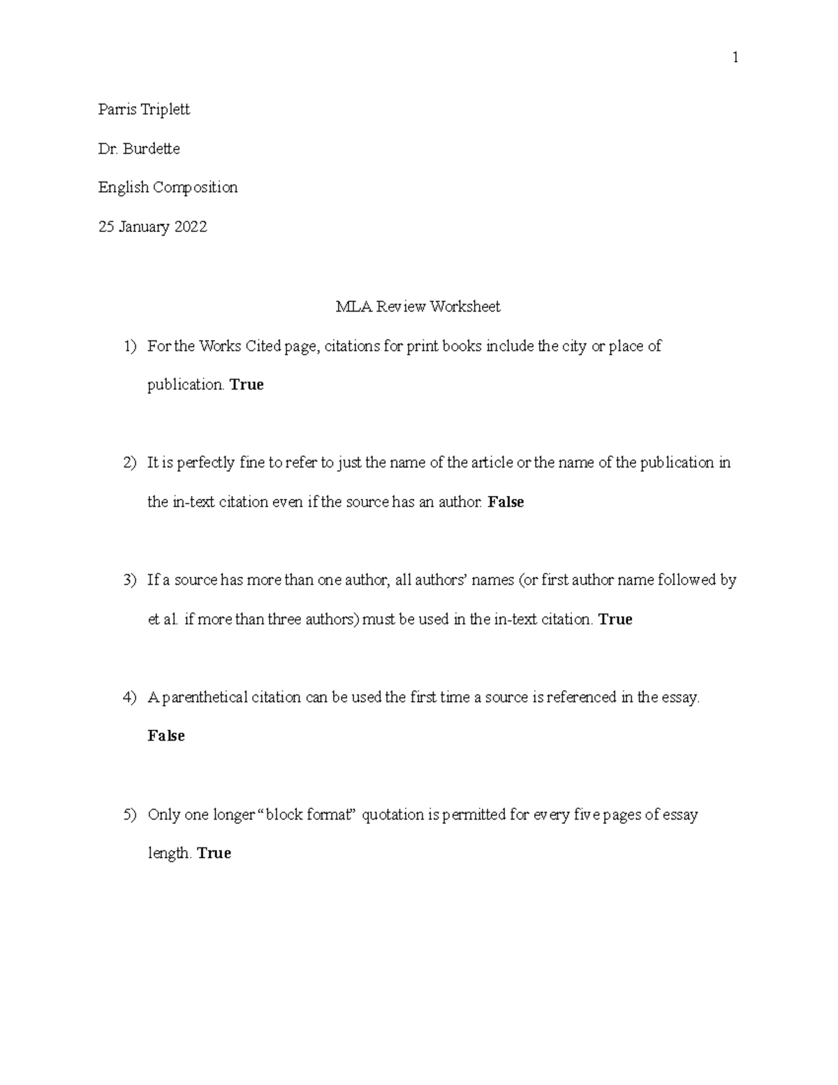 Mla Review Worksheet Assignment Given To Practice Mla Format 1 Parris Triplett Dr Burdette 4944