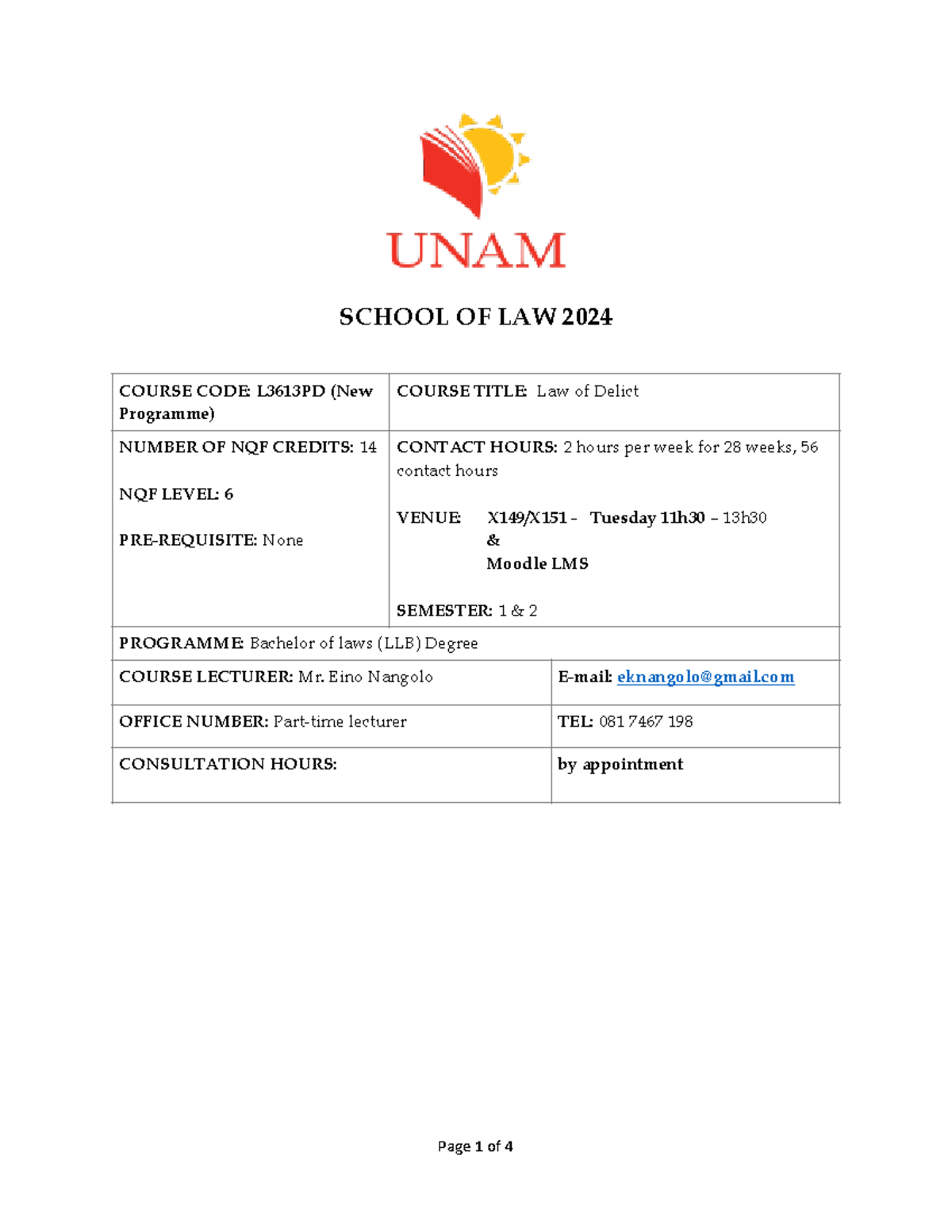 L PDE372 0 Law of Delict Course outline 2024 240319 075341 - SCHOOL OF ...