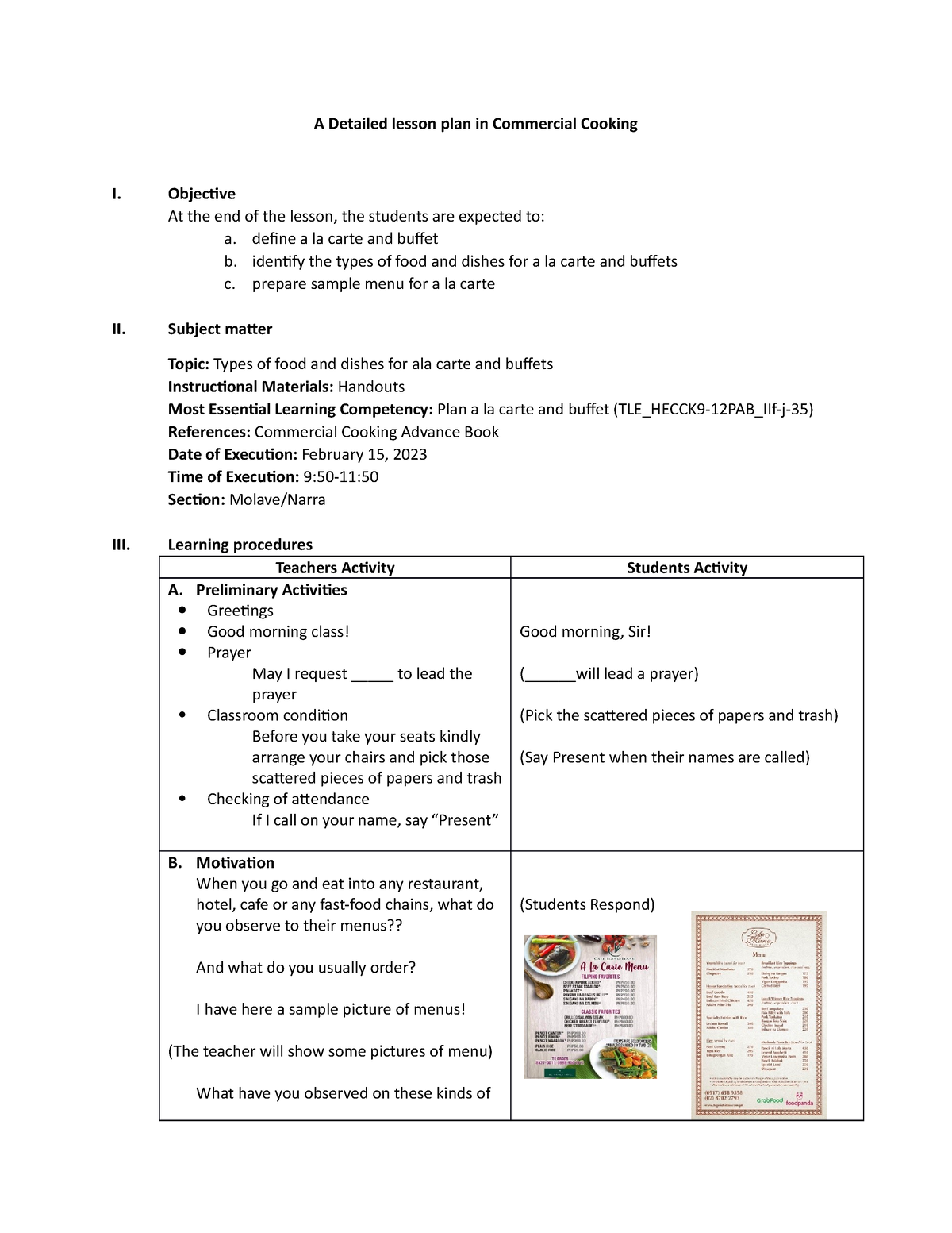 A Detailed lesson plan in Ala carte and buffet - A Detailed lesson plan ...