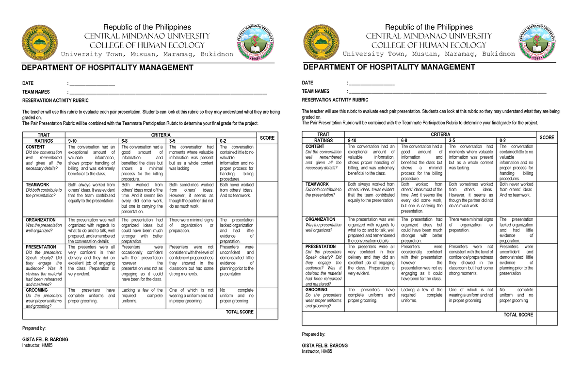 Rubric FOR Paired LAB Activity # 6 - Republic Of The Philippines ...