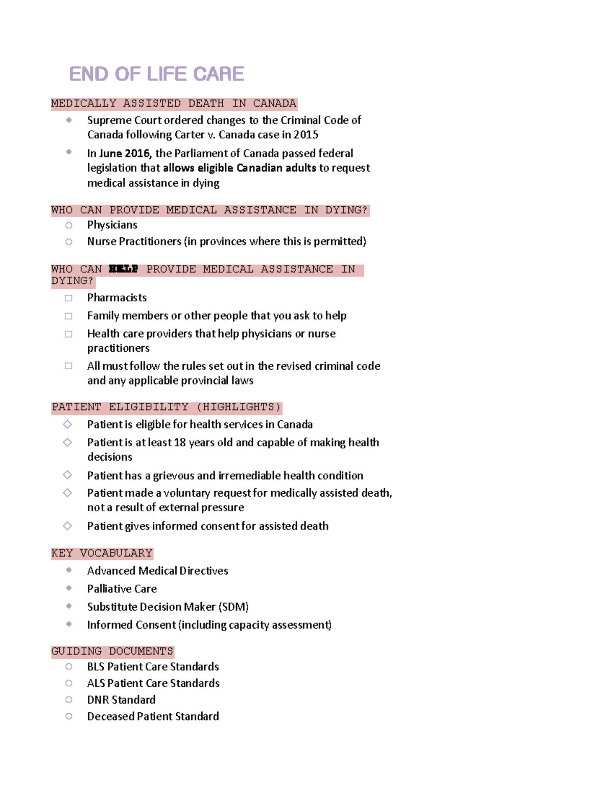 END OF LIFE CARE - Lecture notes 8 - MEDICALLY ASSISTED DEATH IN CANADA ...