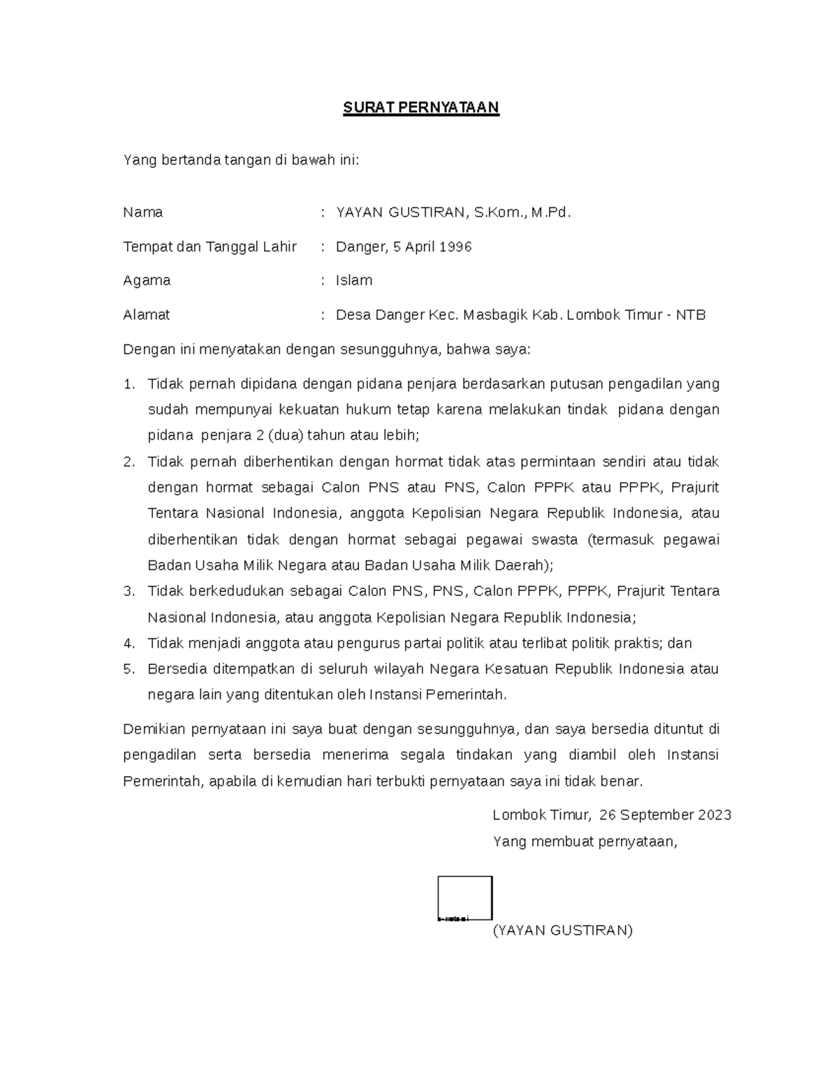 Surat Pernyataan 5 poin - e-meterai SURAT PERNYATAAN Yang bertanda