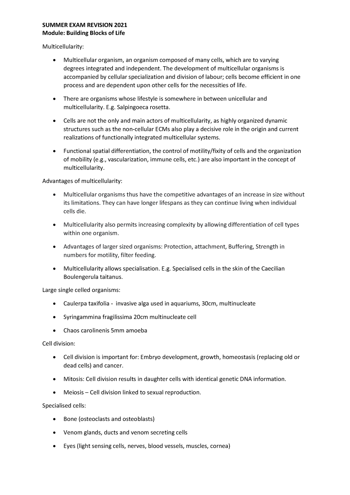 Multicellularity - SUMMER EXAM REVISION 2021 Module: Building Blocks of ...