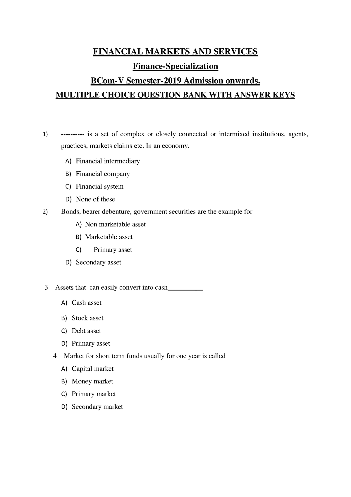 MCQ- B Com-Financial Market And Service Revised - FINANCIAL MARKETS AND ...