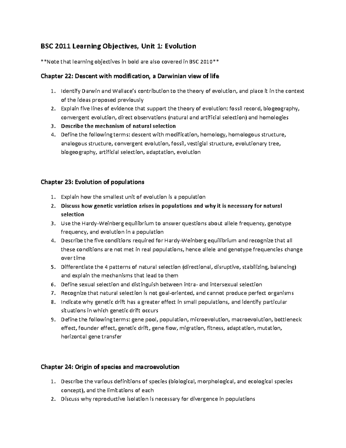 BSC 2011 Learning Objectives Unit 1 - BSC 2011 Learning Objectives ...