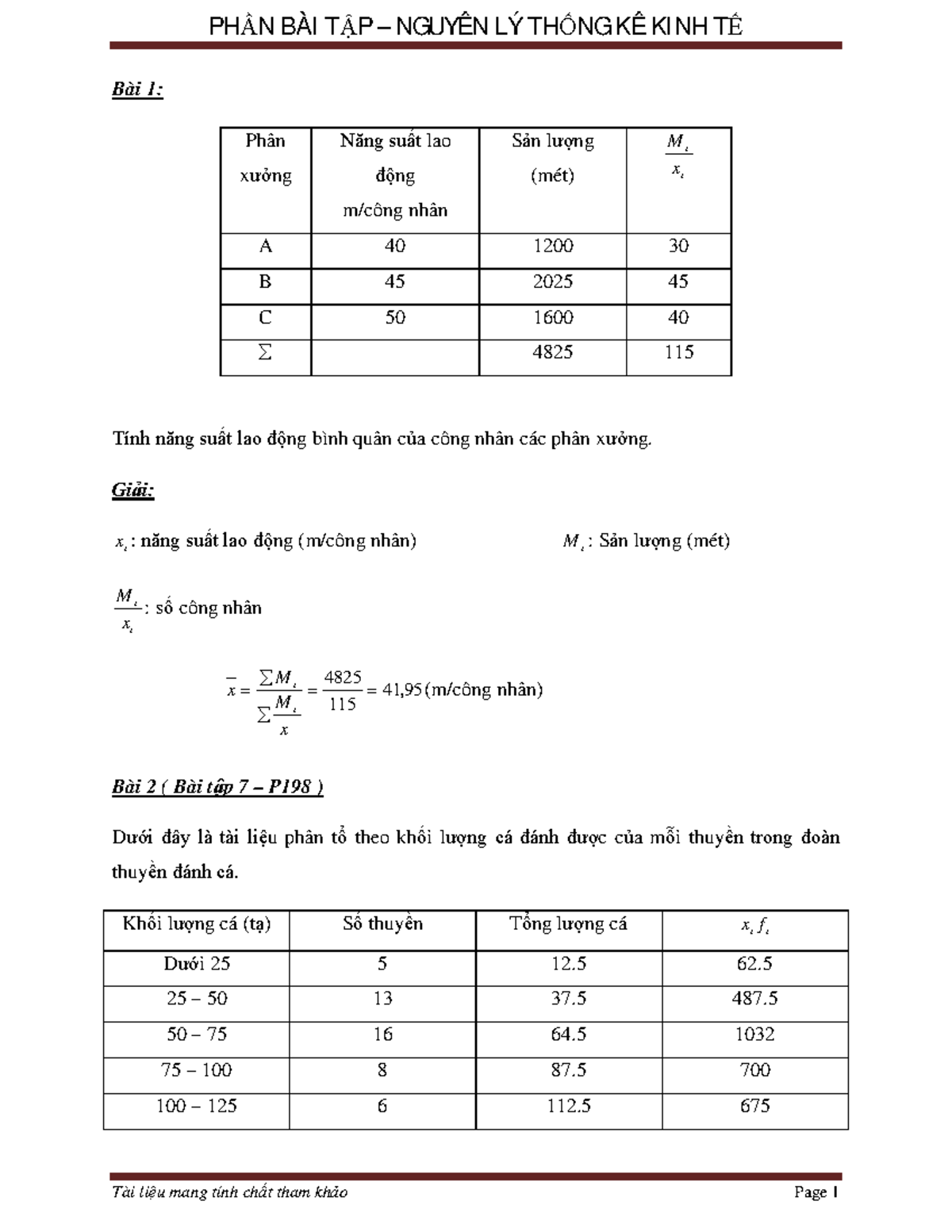 Bt Nltkkt co loi giai - Bai tap nguyen ly thong ke - Bài 1: Phân xưởng ...