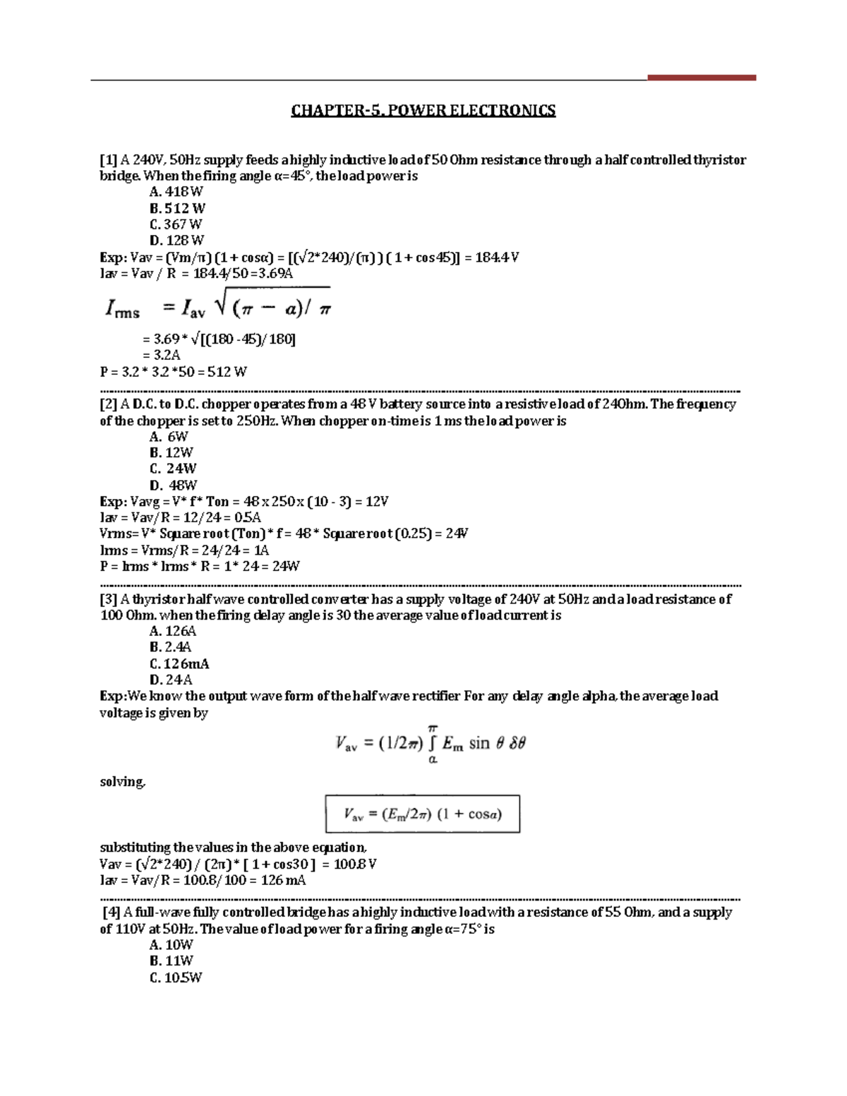 Power Electronics MCQs PDF CHAPTER5. POWER ELECTRONICS [ 1 ] A 240V