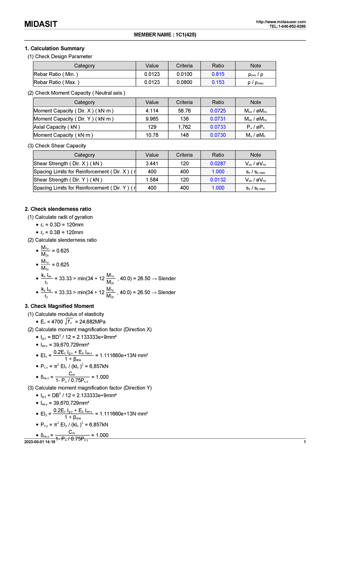 MIDAS RESULTOF A BEAM - MIDASIT TEL:1-646-852- MEMBER NAME : 1C1(425) 1 ...