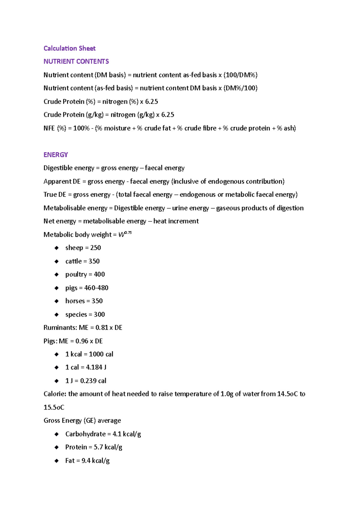Calculation Sheet, Formulas (Nutrient, Energy) Calculation Sheet