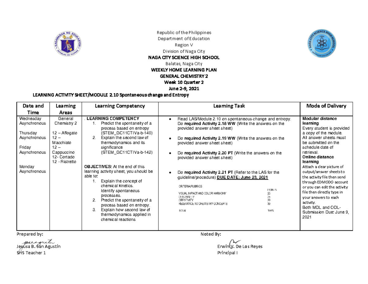 WHLP FOR WEEK 10 General Chemistry 2 QRTR 2 - Republic of the ...