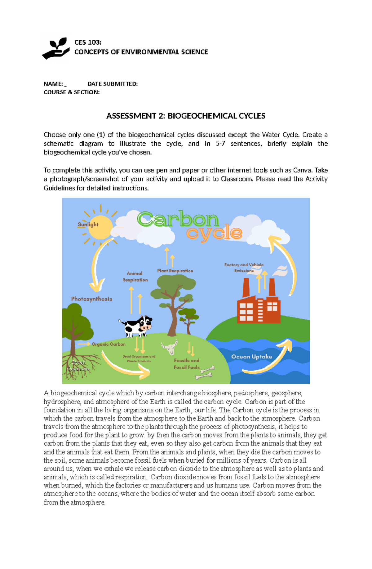Biochemical Cycles In Concepts Of Environmental Science Name Date