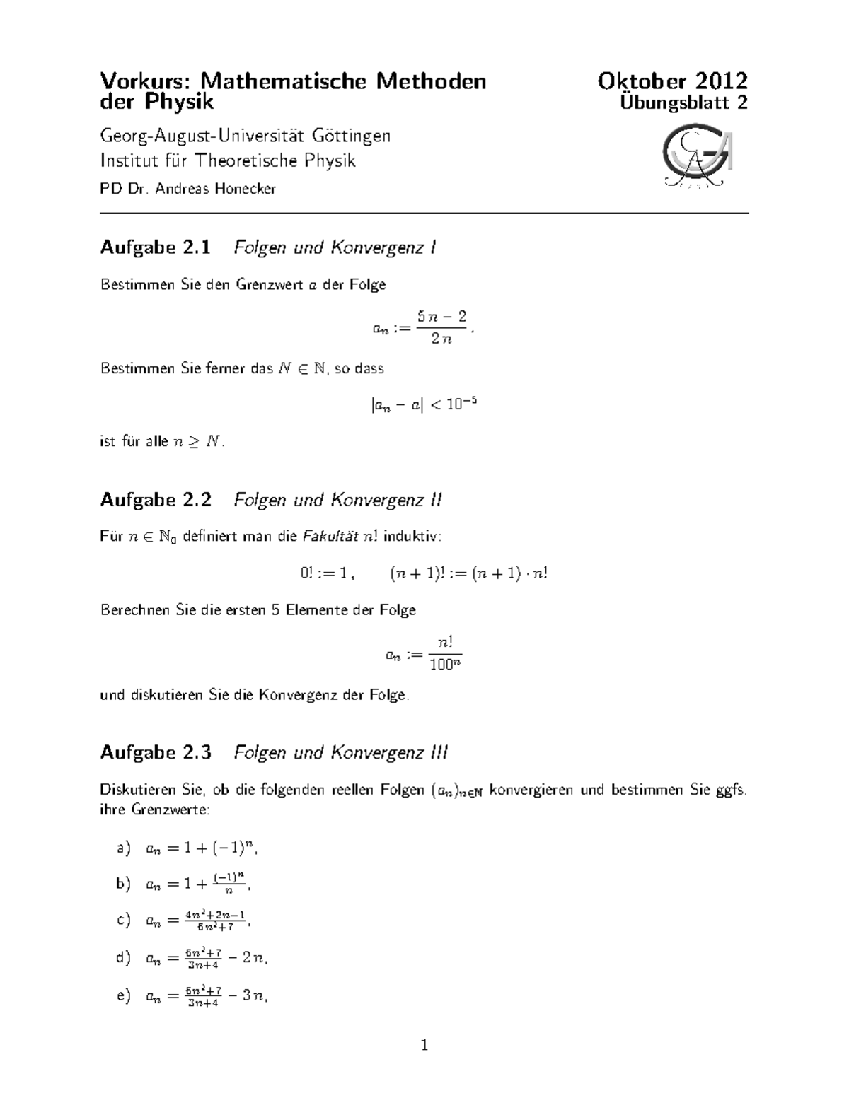 Übungen - (WS 2012/13) - Vorkurs: Mathematische Methoden Oktober 2012 ...