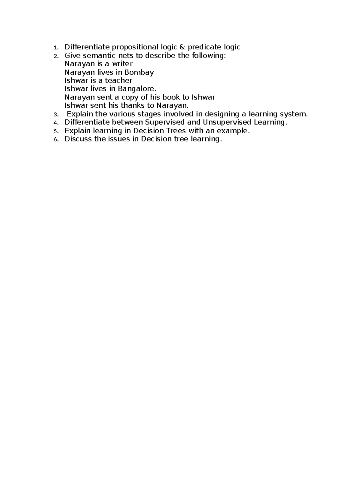 Iaiml MID2 IMP Questions - 1. Differentiate propositional logic ...