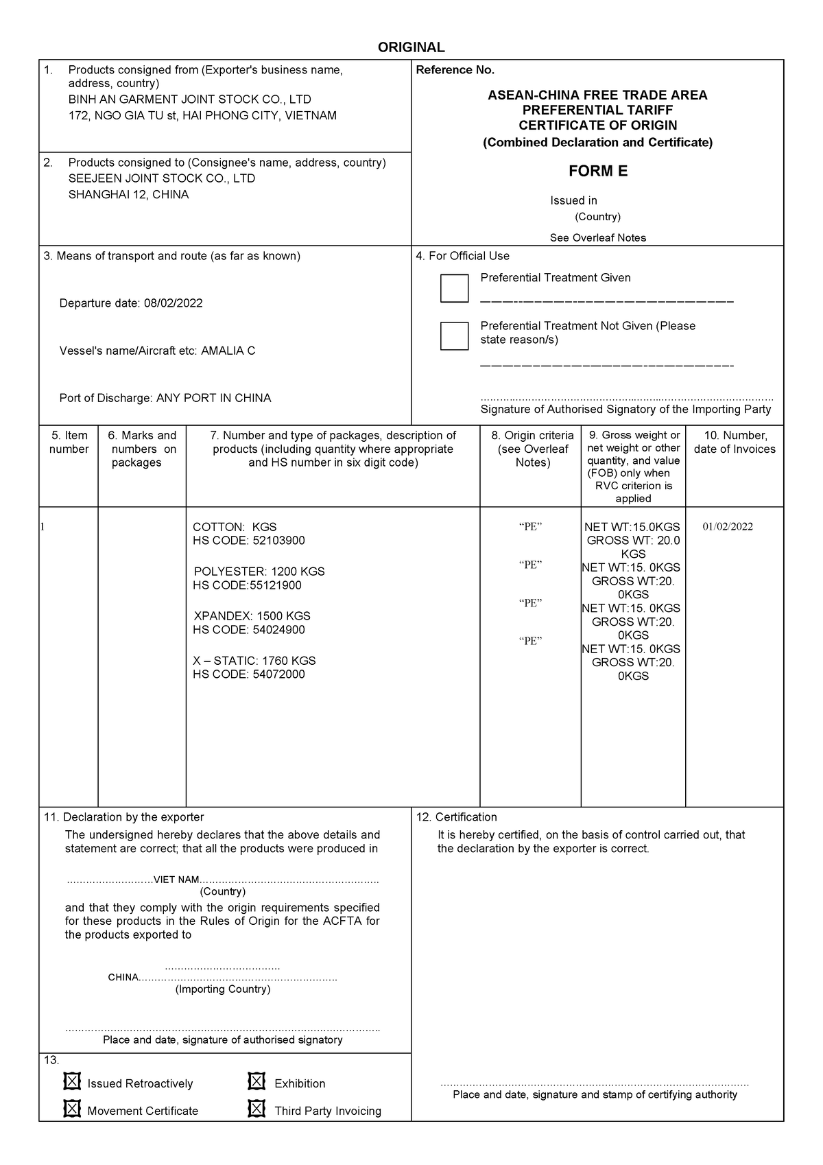 Form E - mẫu CO form E - ORIGINAL 1. Products consigned from (Exporter ...