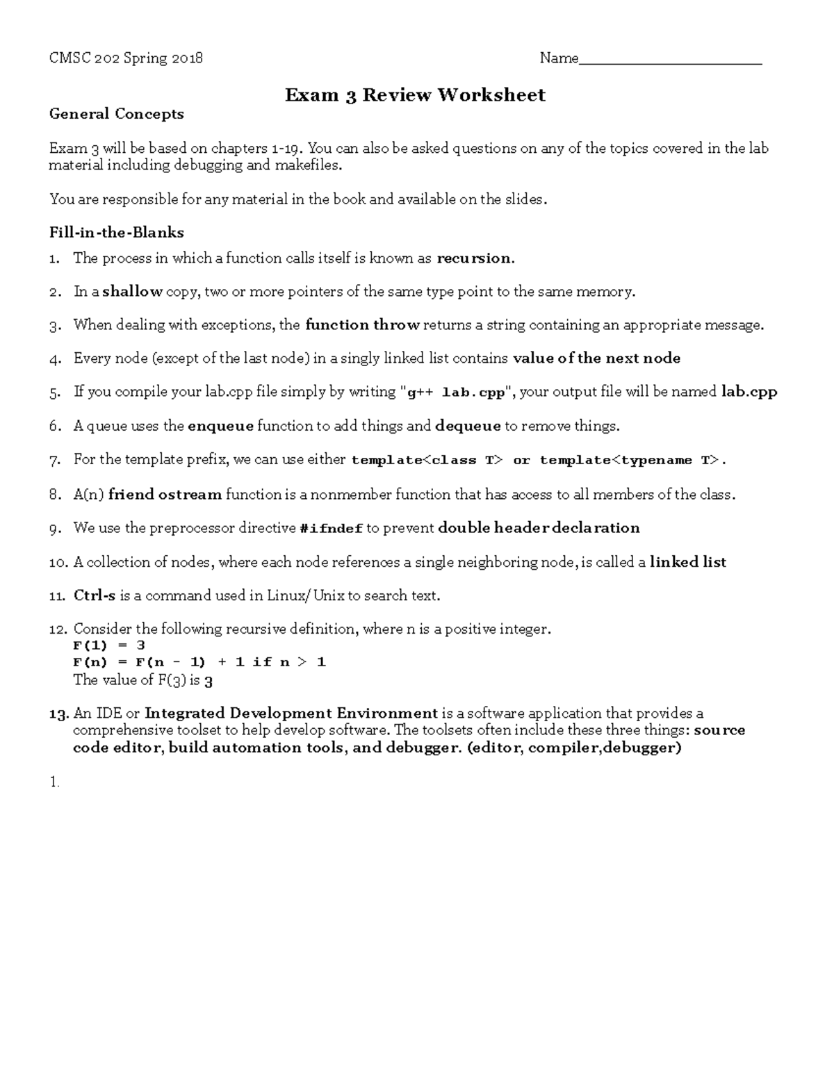 CMSC 202 - Exam 3 - Worksheet - SP18 - CMSC 202 Spring 2018 General ...