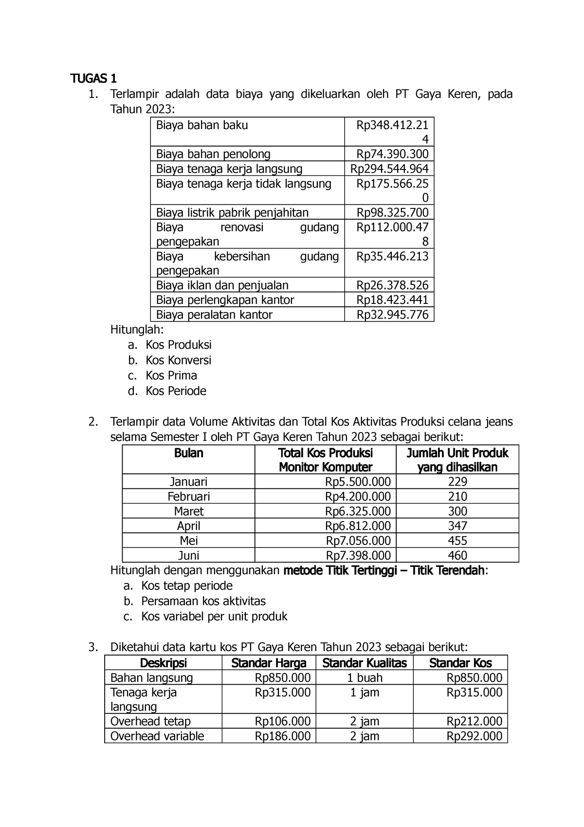 Tugas 1 AKBI - TUGAS 1 Terlampir Adalah Data Biaya Yang Dikeluarkan ...