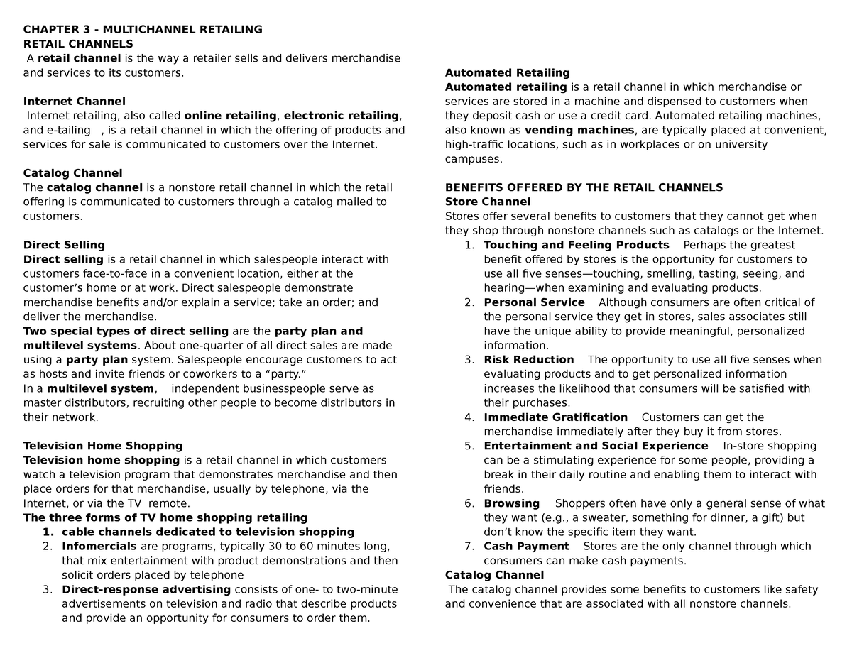 Chapter 3 Retail Management CHAPTER 3 MULTICHANNEL RETAILING RETAIL CHANNELS A retail