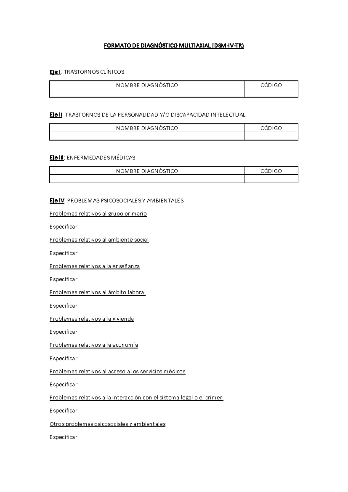 Formato Dx multiaxial DSM-IV - FORMATO DE DIAGNÓSTICO MULTIAXIAL (DSM ...