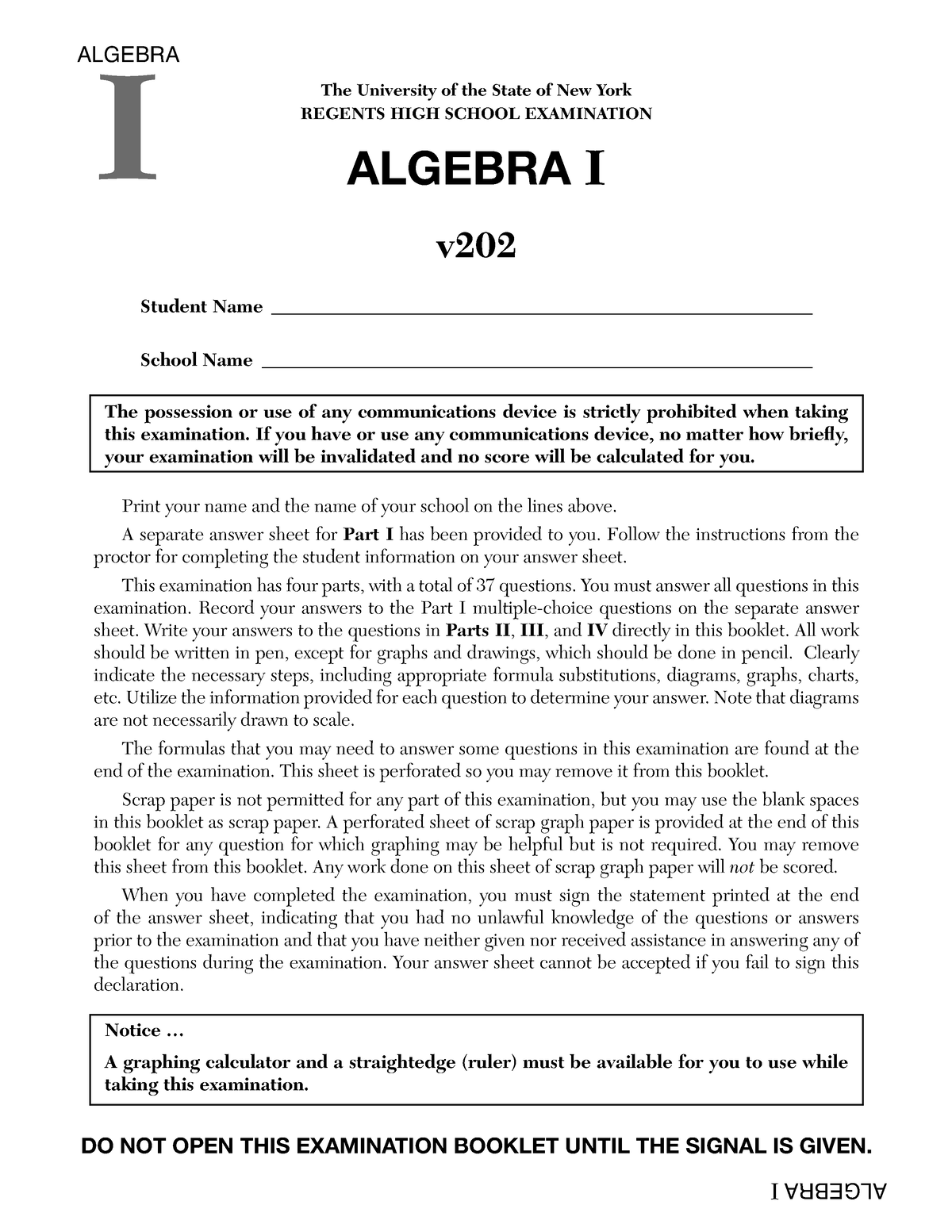 Algonev202exam Algebra 1 regents practice assessment I ALGEBRA