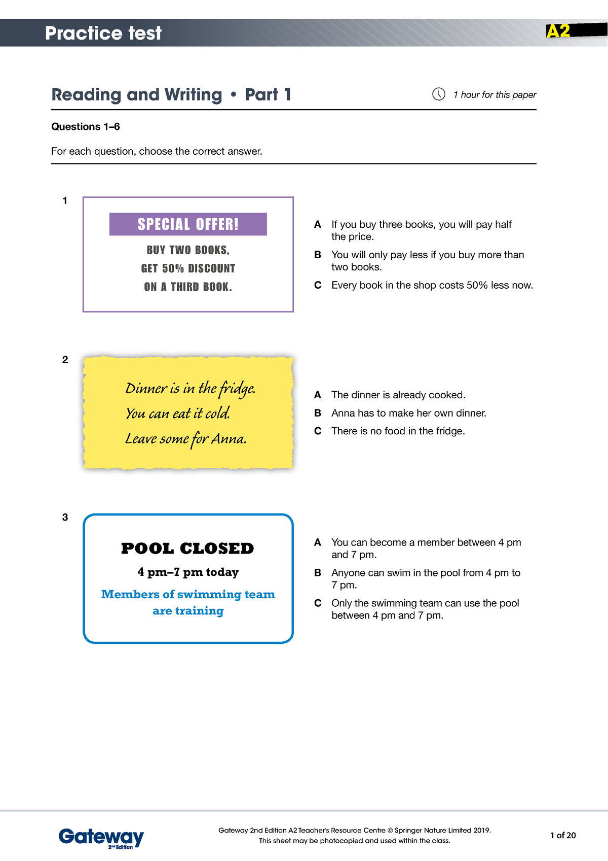 A2 Practice Test - 2432342342 - Reading and Writing • Part 1 1 hour for ...