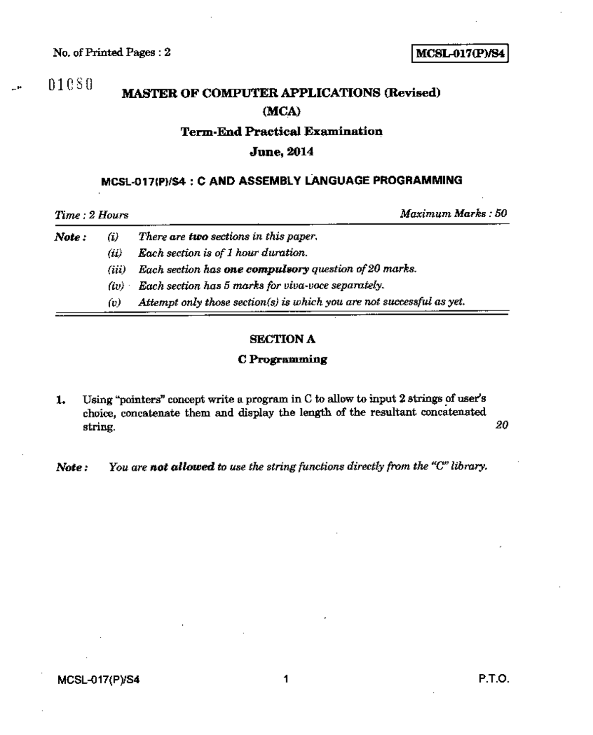 Mcsl-017 S1 S2 S3 S4 - Question Paper Models For C & Assembly Language 