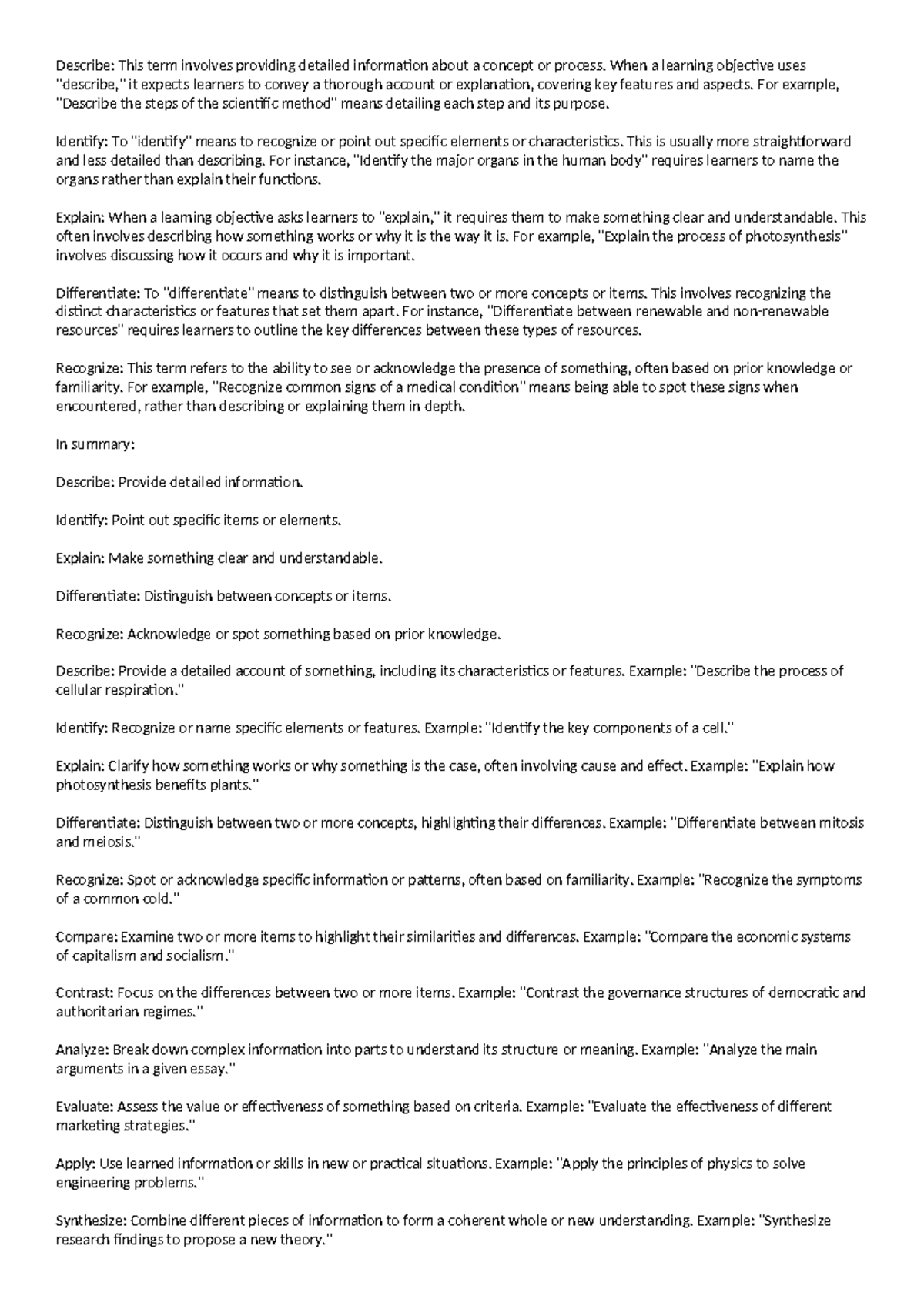 Words using in learning objectives - Describe: This term involves ...