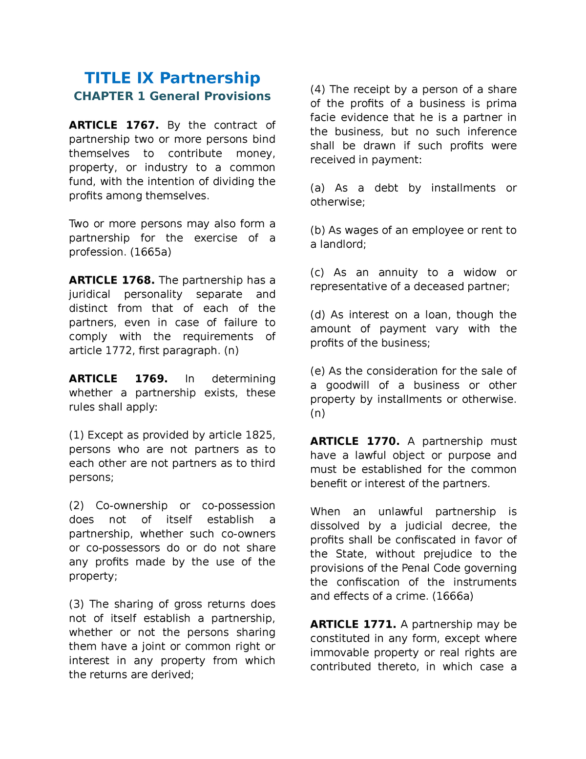 Civil Code-Book IV Title-IX-Partnership - TITLE IX Partnership CHAPTER ...