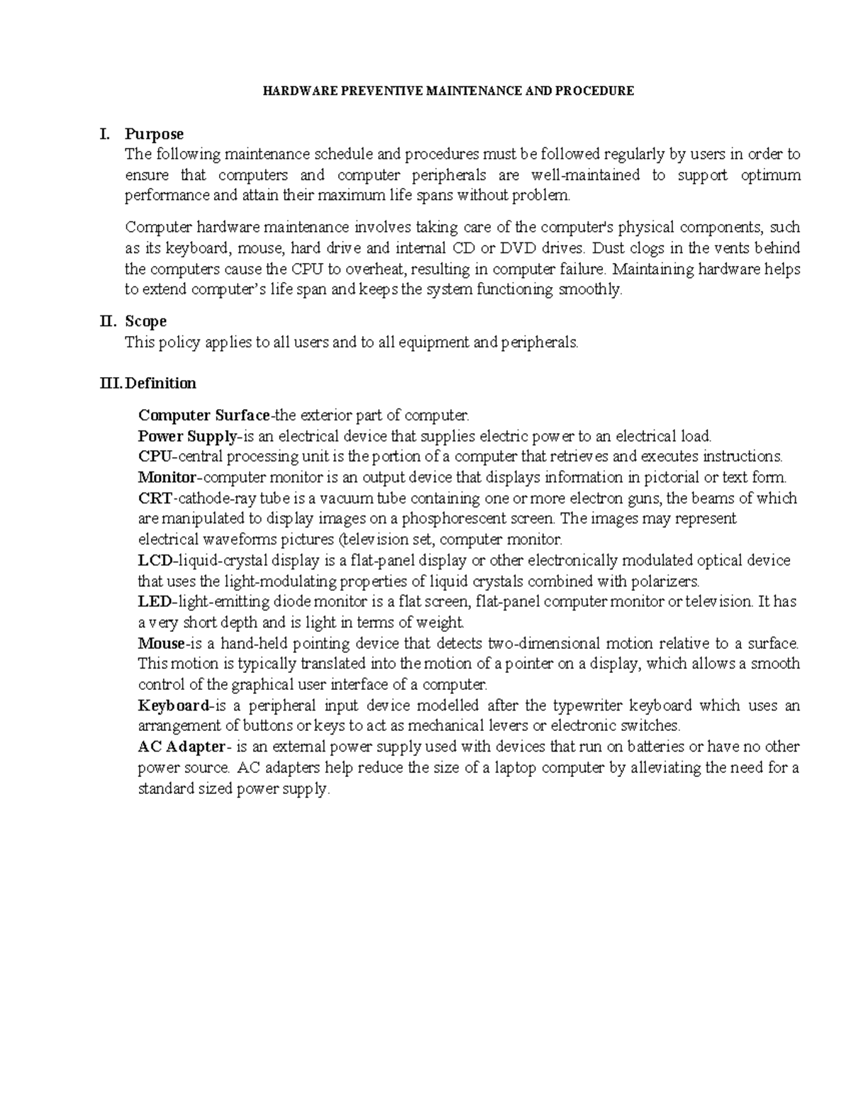Hardware Preventive Maintenance AND Procedure - HARDWARE PREVENTIVE ...
