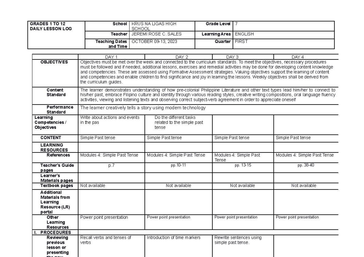 DLL Q1 WEEK 7 English 7 - daily use on teaching - GRADES 1 TO 12 DAILY ...