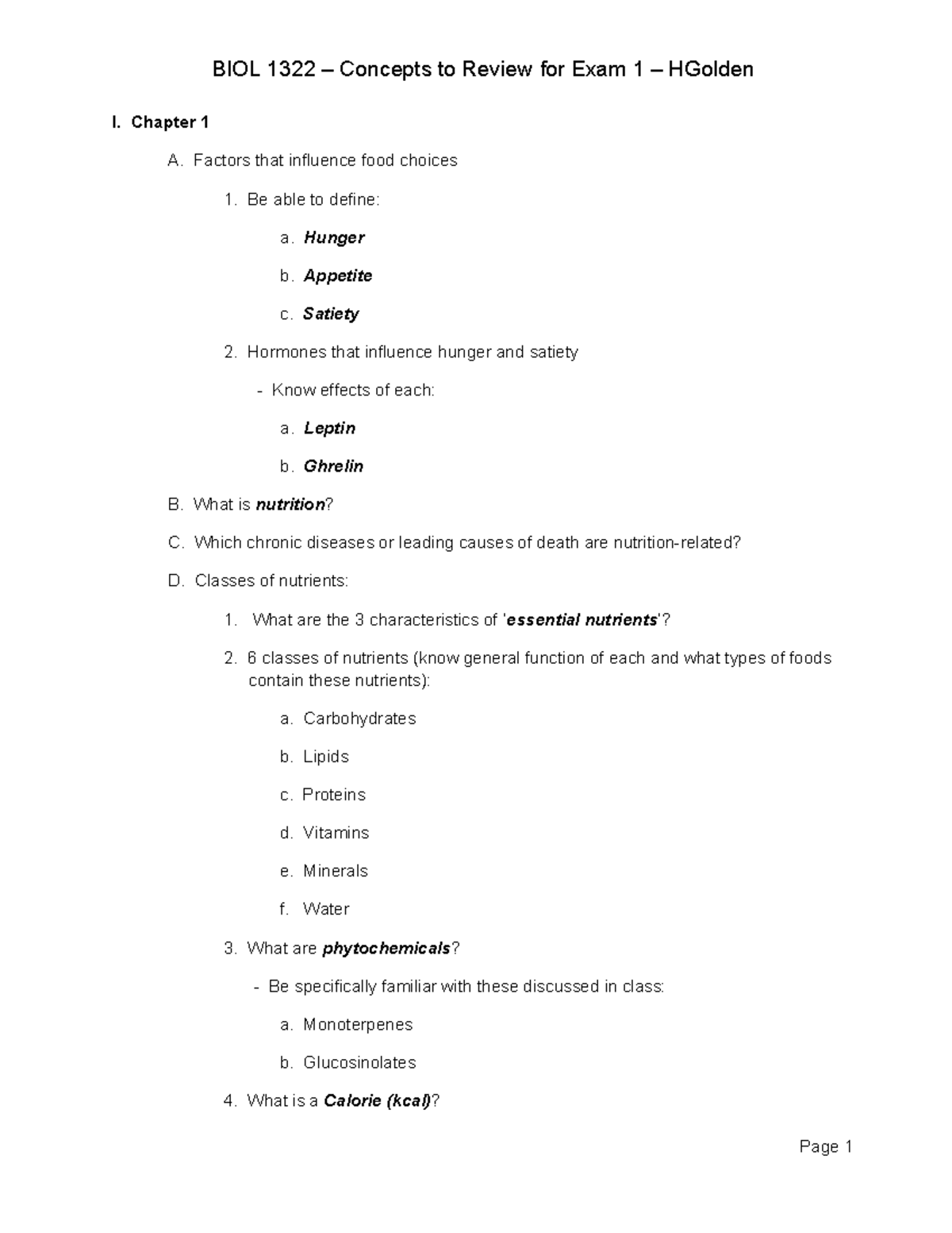 BIOL 1322 - Exam 1 Study Guide - I. Chapter 1 A. Factors that influence ...