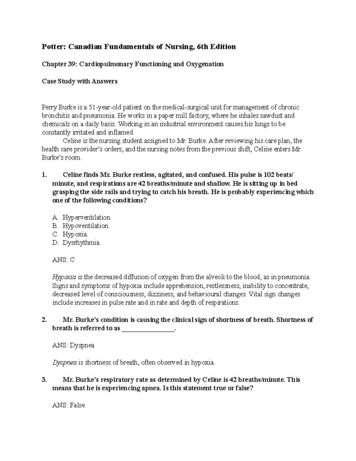 Chapter 39- Cardiopulmonary Functioning And Oxygenation - Potter ...