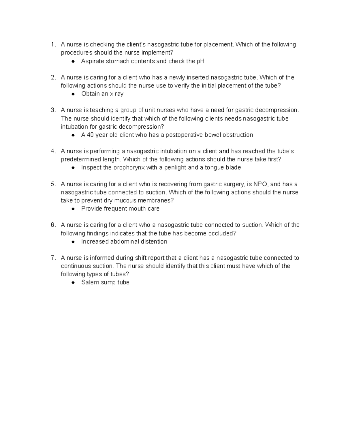 ATI Nasogastric Tube A nurse is checking the client’s nasogastric