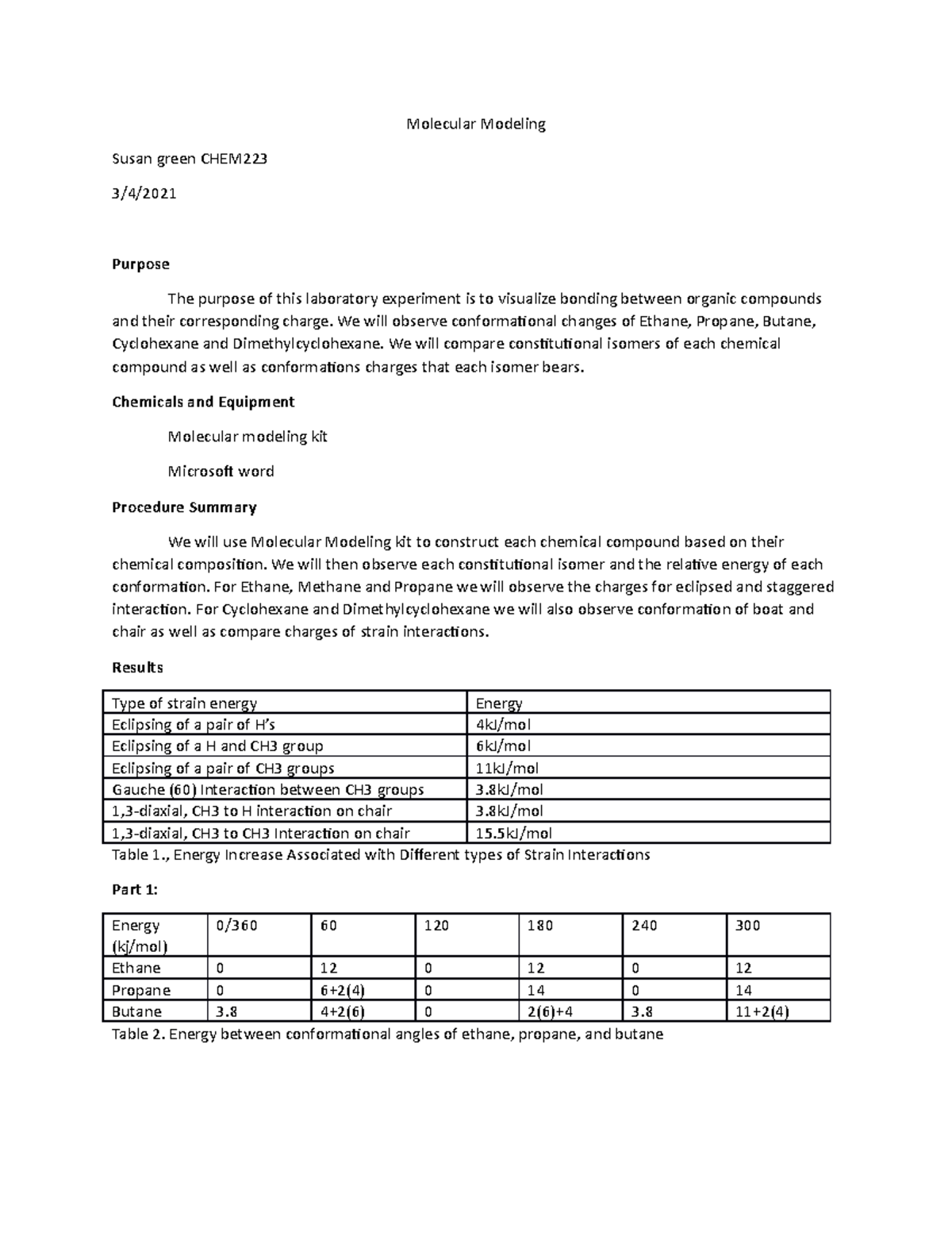 Molecular Modeling Molecular Modeling Susan green CHEM 3/4/ Purpose