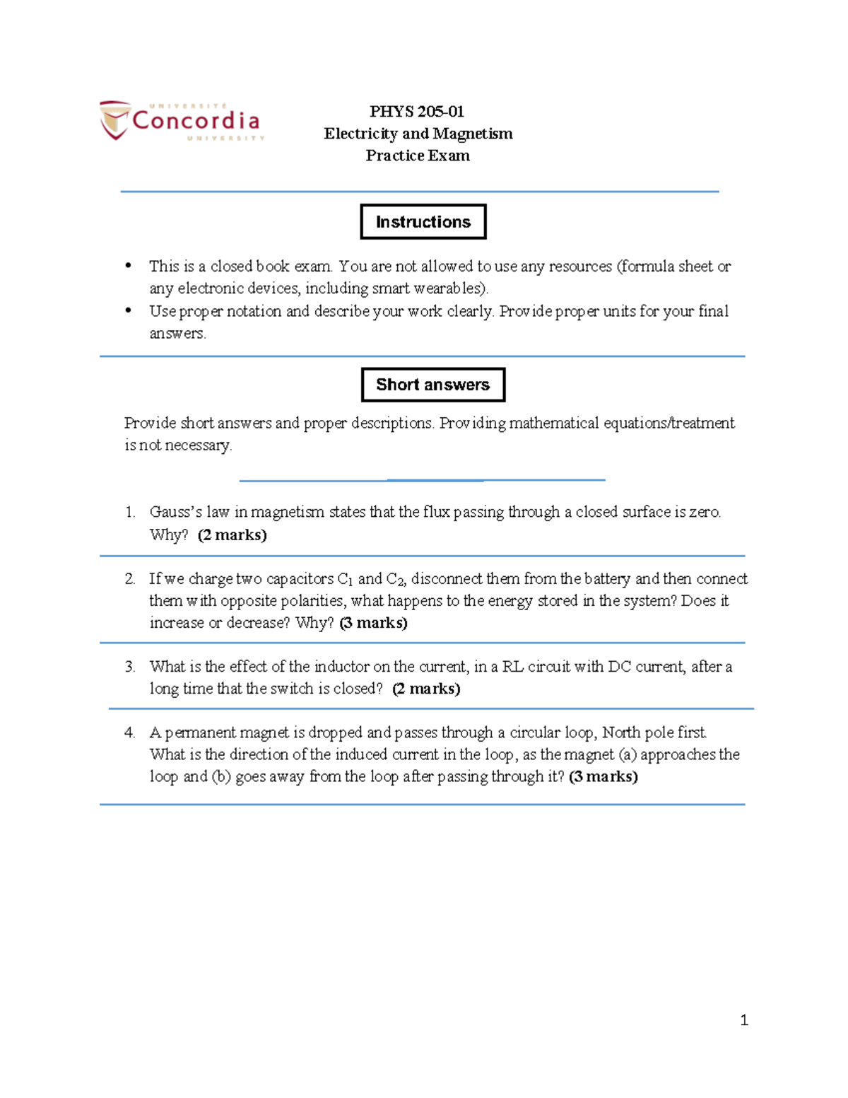 Final December, Questions - PHYS 205-01 Electricity And Magnetism ...