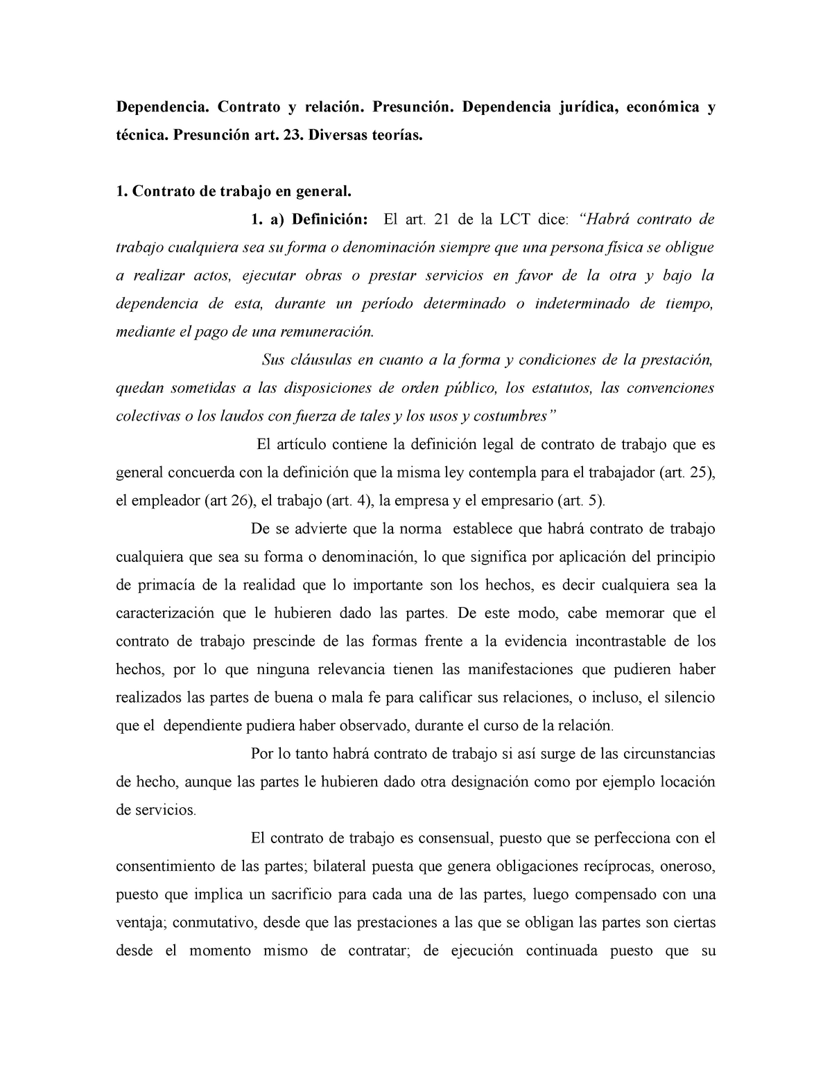 Contrato De Trabajo. Caracteristicas. Dependencia. Presunci N Art. 23 ...