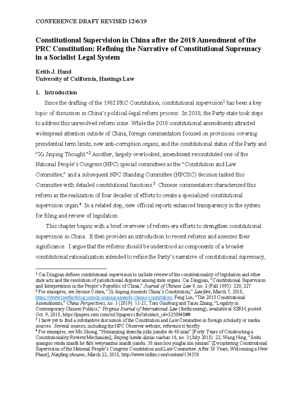 Constitutional Supervision in China after the 2018 Amendment of the PRC ...