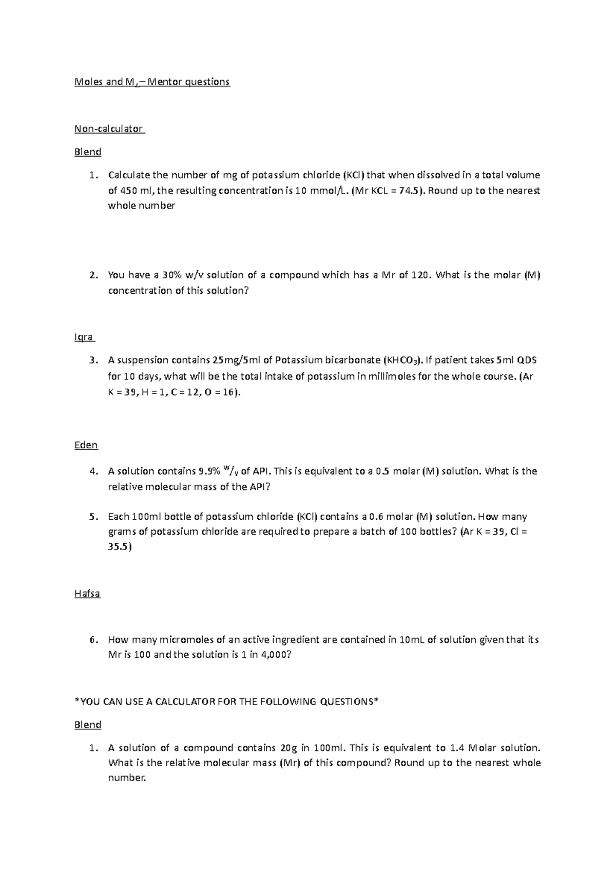 Moles and Mr mentor questions - Moles and Mr – Mentor questions Non ...