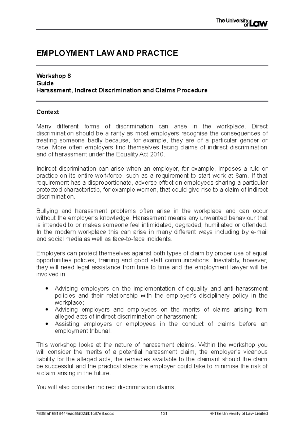Emp WS6 - detailed notes - EMPLOYMENT LAW AND PRACTICE Workshop 6 Guide ...