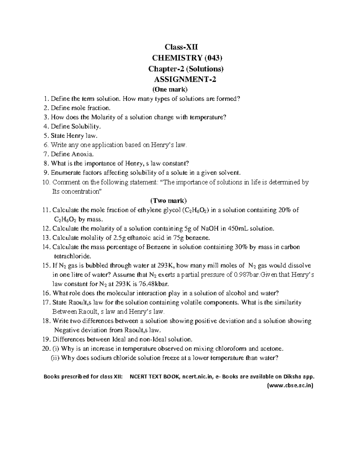 chemistry assignment topics for class 12