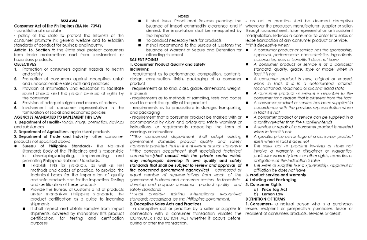 Notes - Consumer Protection - NOTES BSSLAW4 It shall issue Conditional ...