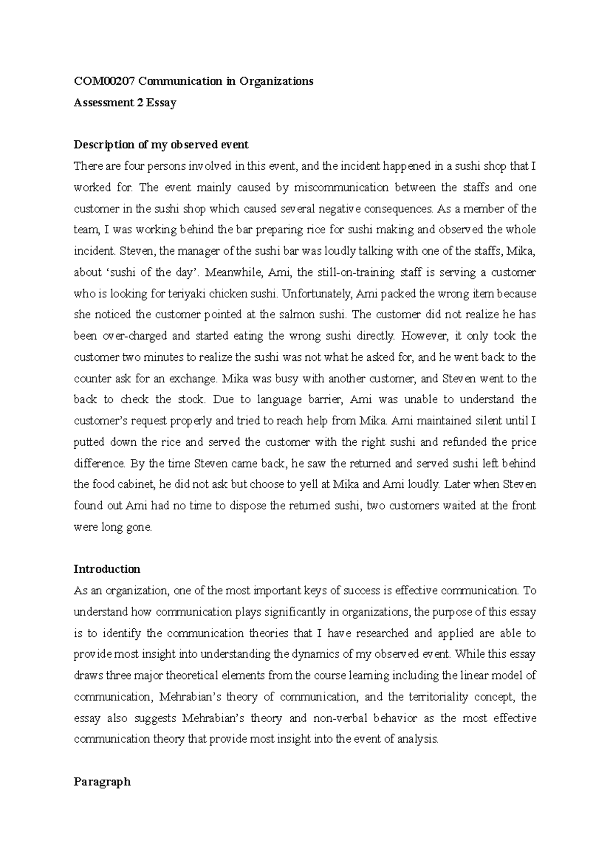 COM00207 A2 Essay - COM00207 Communication in Organizations Assessment ...