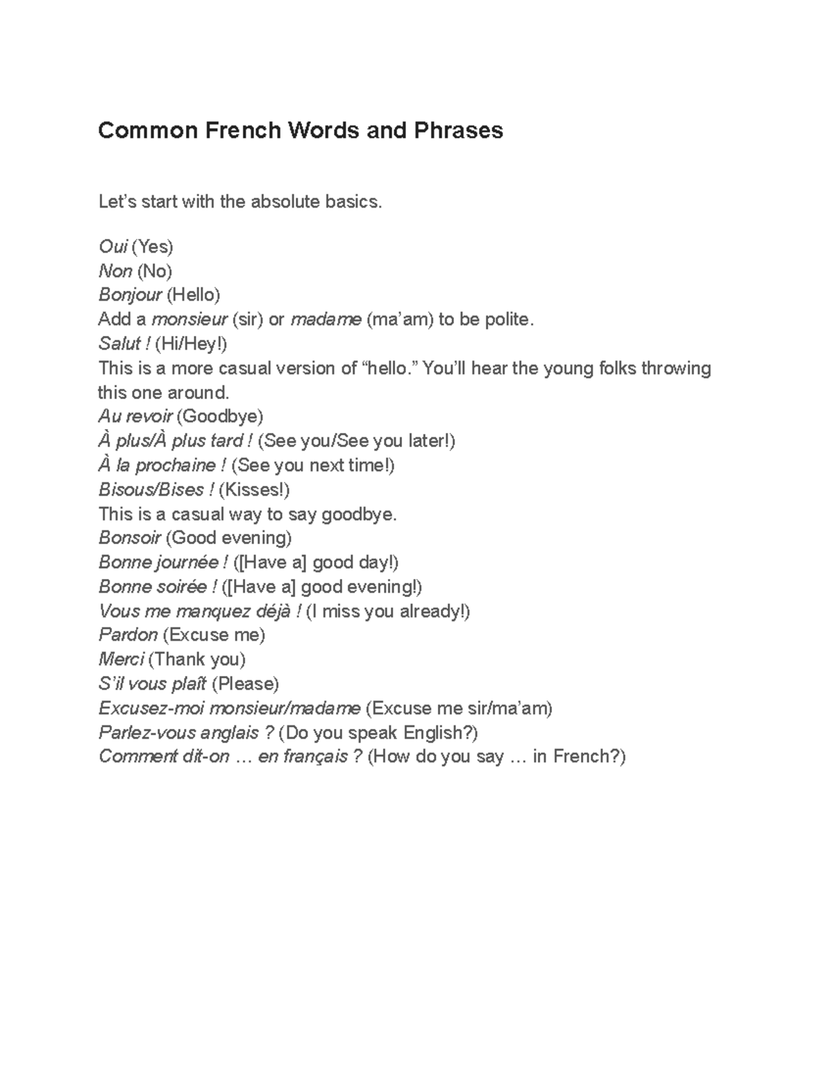Common French Words And Phrases Common French Words And Phrases Let s 