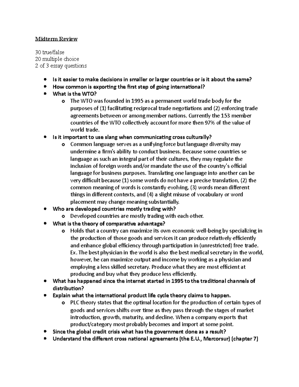 Midterm Review International Business - Midterm Review 30 20 Multiple ...